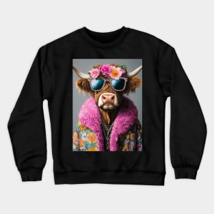Glamorous Highland Cow in Floral and Fur Fashion Crewneck Sweatshirt